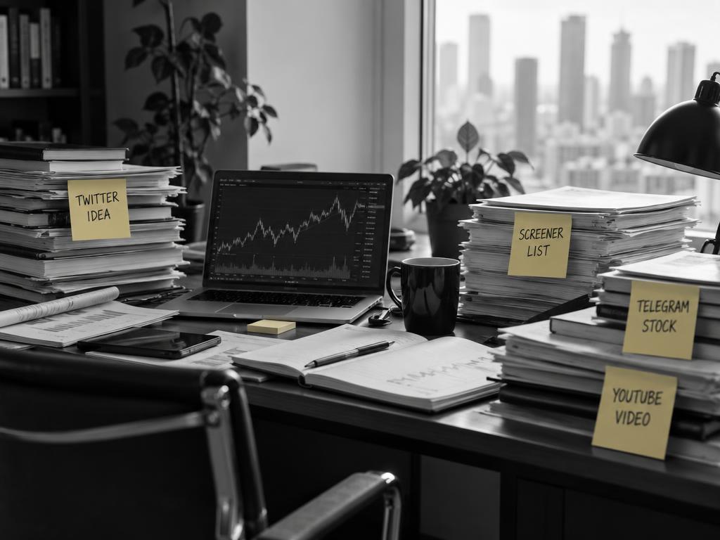 A cluttered investment desk with Twitter, screener, Telegram and YouTube stock ideas